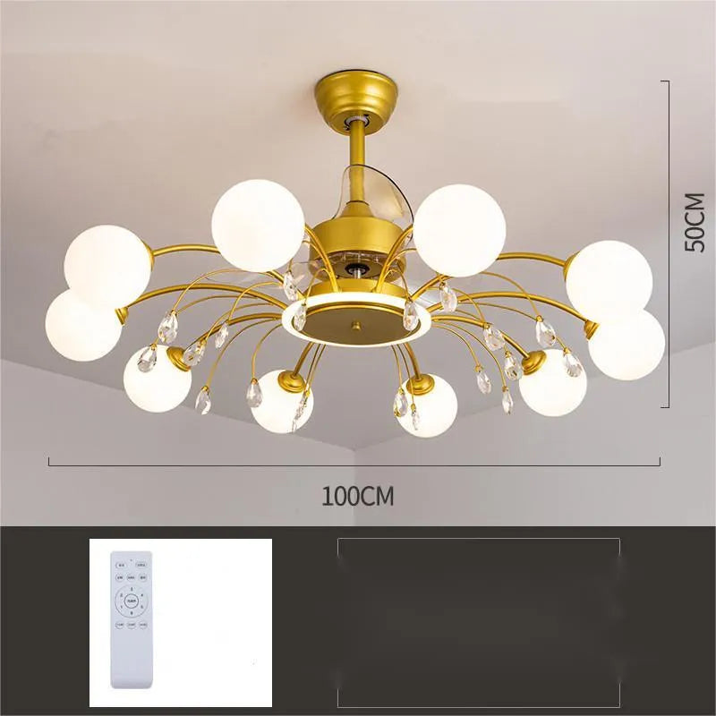 Gold and black ceiling fan lamp with acrylic shade and metal blades, showing remote control