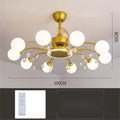 Gold and black ceiling fan lamp with acrylic shade and metal blades, showing remote control