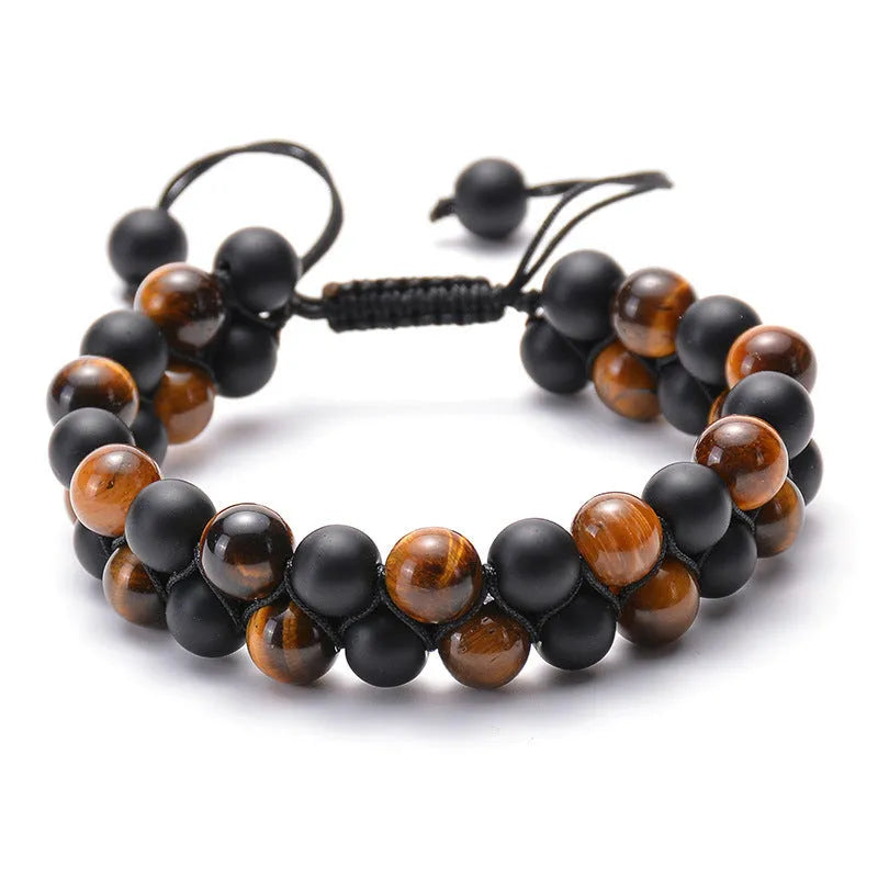 Tiger Eye agate couple bracelets with geometric beads in matte black finish