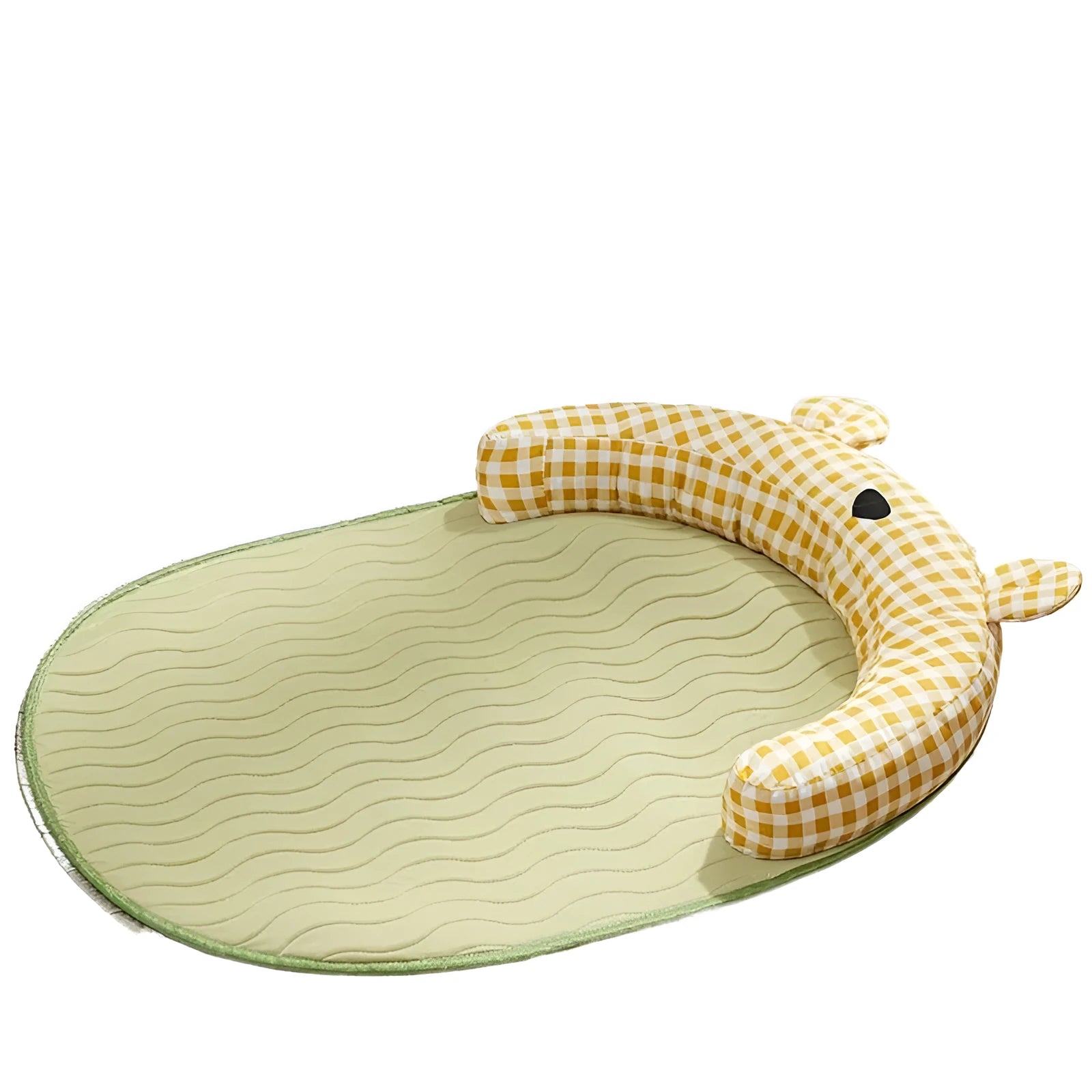 Four season pet bed mat with cooling ice pad in green colour, showing size comparison for small to extra large dogs and cats