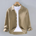 Men's pure linen long sleeve shirt in cardigan style, shown in a solid colour.