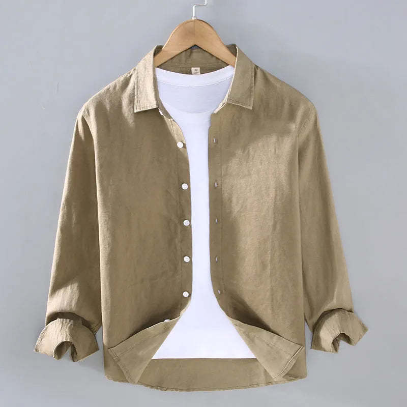 Men's pure linen long sleeve shirt in cardigan style, shown in a solid colour.