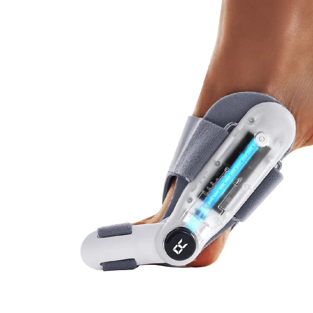 White plastic electric adjustable hallux valgus toe separator with USB Type-C charging cable