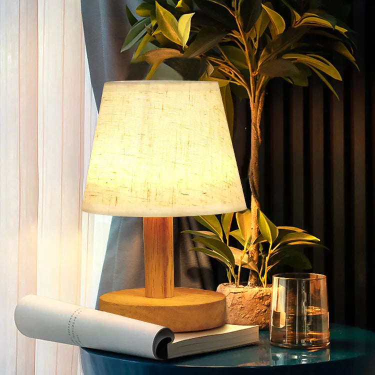 Korean style vintage pleated table lamp with jute and linen shade, bamboo holder, and USB charging