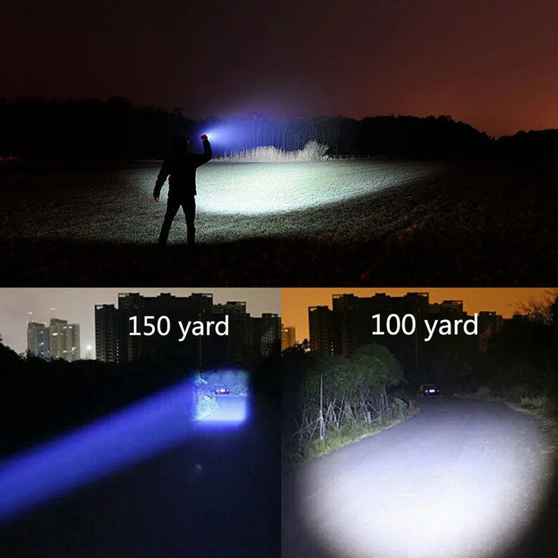 Black aluminum alloy zoom flashlight with adjustable head for focus, shown with beam reaching into distance.