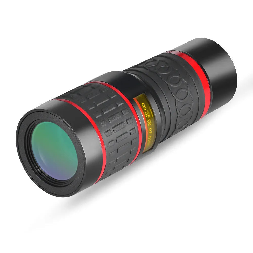 20x magnification smartphone telescope with plastic body, optical glass lens, and universal attachment clip.