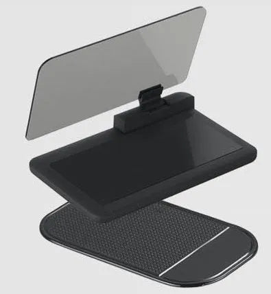 Grey car smartphone navigation display holder with hardened organic glass panel and optical reflection technology