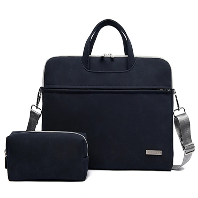 PU leather laptop bag in black with removable shoulder strap, fits 13.3 inch MacBook Air