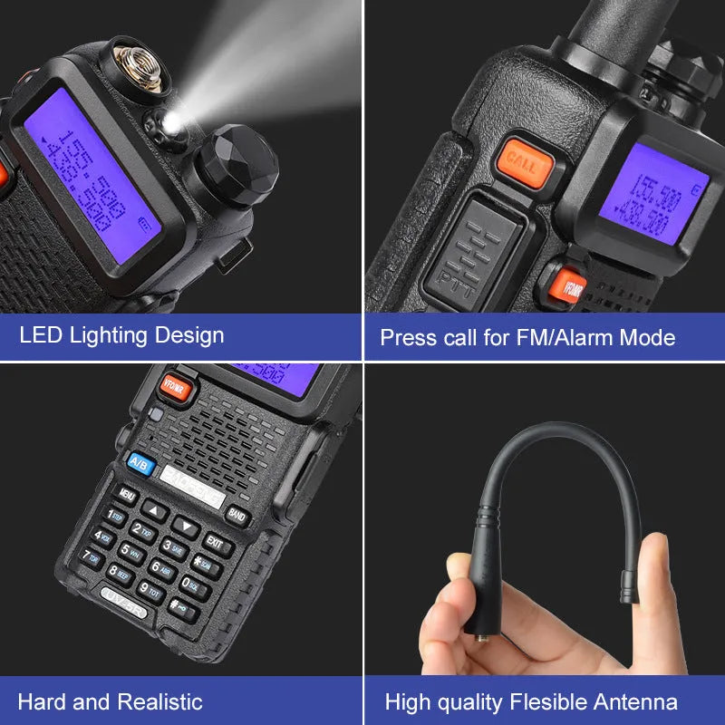 Handheld VHF UHF walkie talkie radio showing compact dimensions and antenna