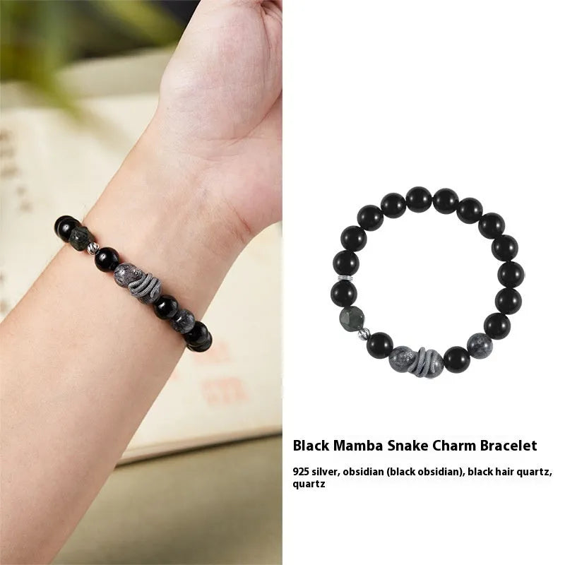 S925 sterling silver bracelet with black electroplated finish featuring obsidian and snake zodiac design