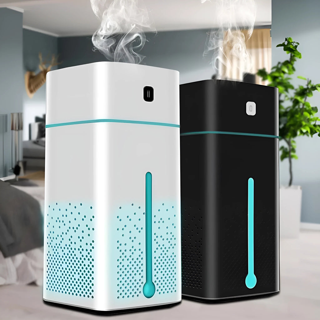 Black and white desktop humidifier with USB power, 1000ml tank, compact size for home office use.