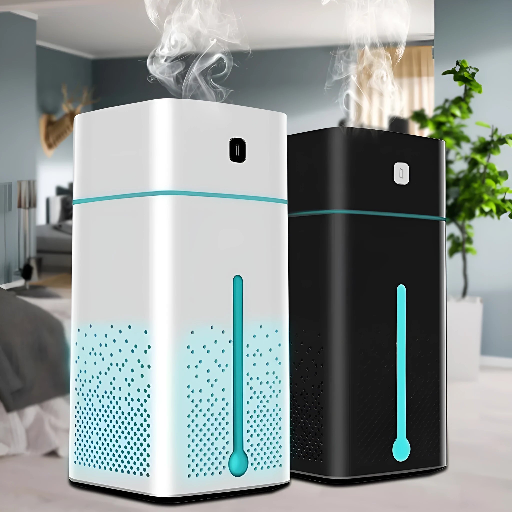 Black and white desktop humidifier with USB power, 1000ml tank, compact size for home office use.
