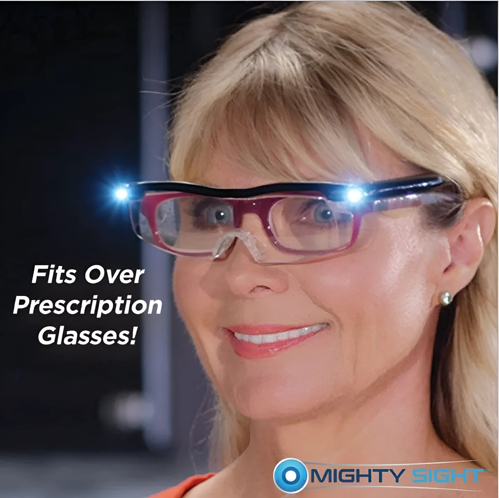 Transparent black USB LED reading light glasses on a white background.