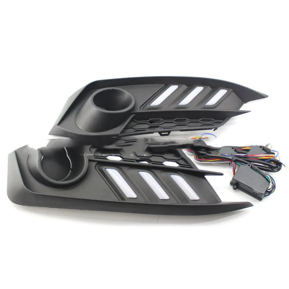 Mustang Civic LED daytime running lights with black housing emitting white blue yellow light