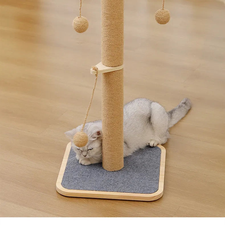 A simple-style cat climbing frame made of pine wood with a carpet leather finish and a hanging ball toy.