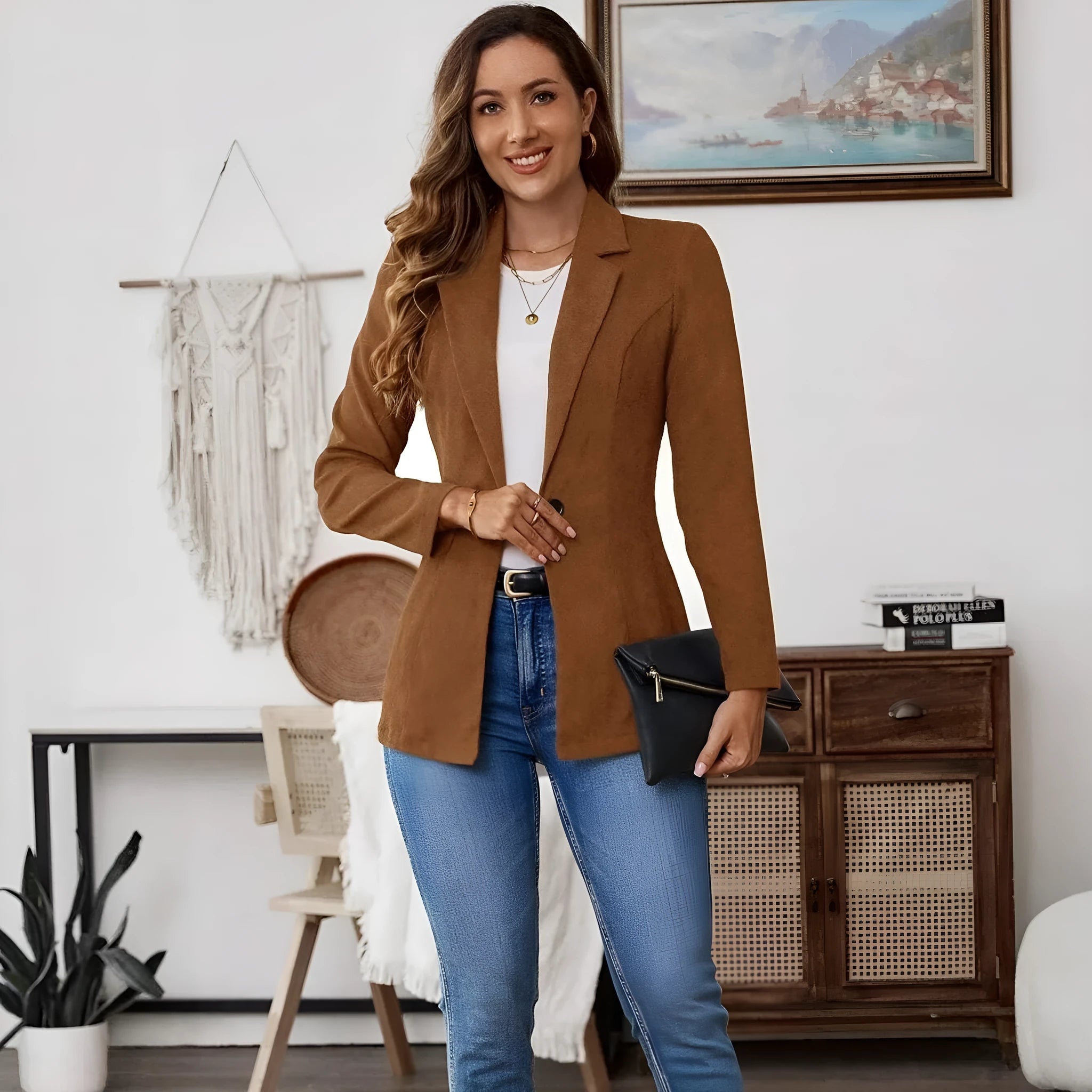Brown single-breasted lapel leisure coat with long sleeves and four-button front closure
