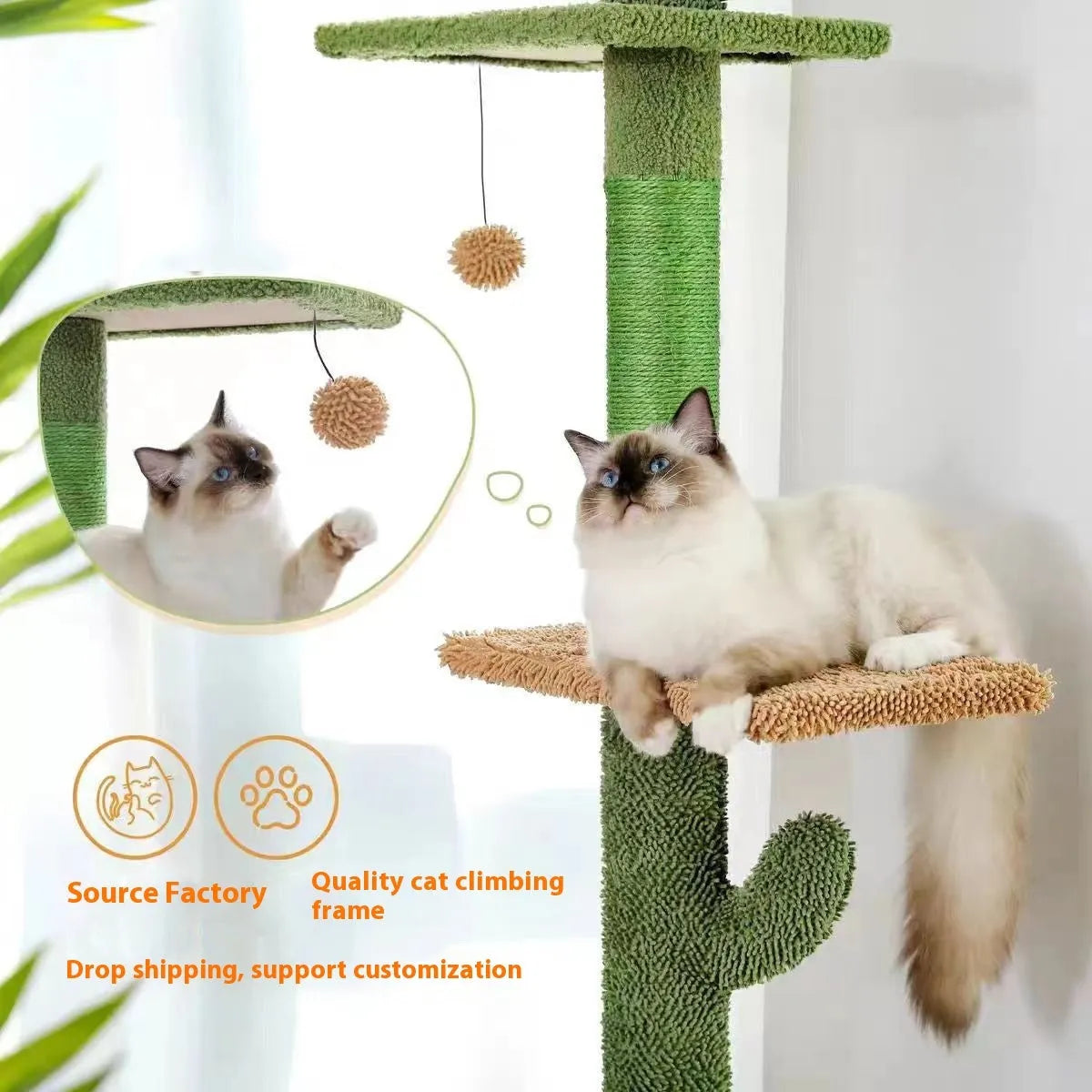 Tall solid wood cat climbing frame with integrated scratch board and cat nest