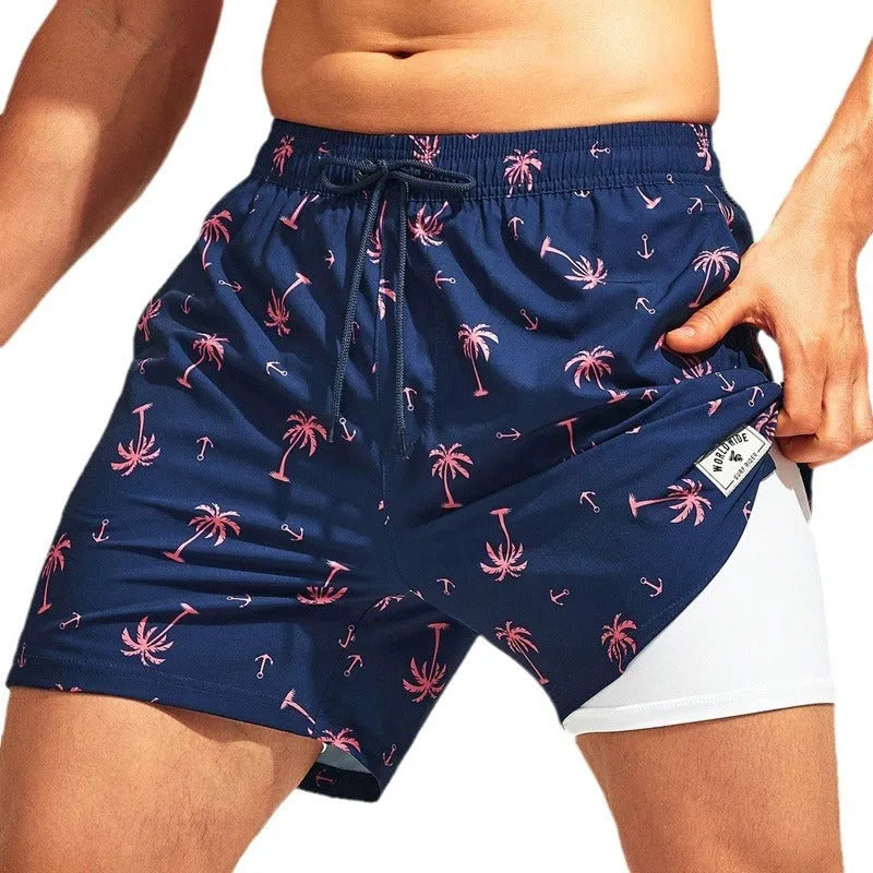 Men's loose fit quick-drying swimming trunks in various floral patterns and solid colours