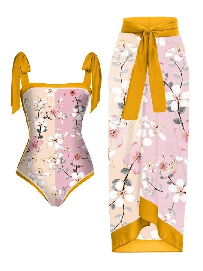 Women's floral print chiffon swimsuit two-piece set with matching hip skirt