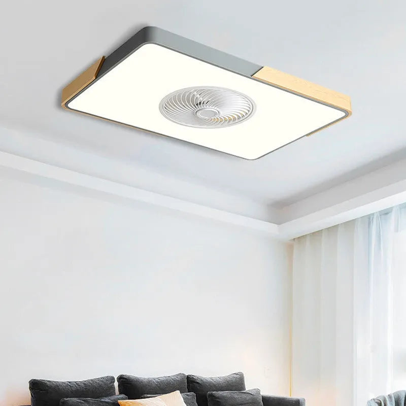 Nordic ceiling fan with light featuring solid wood blades and a white PVC lampshade