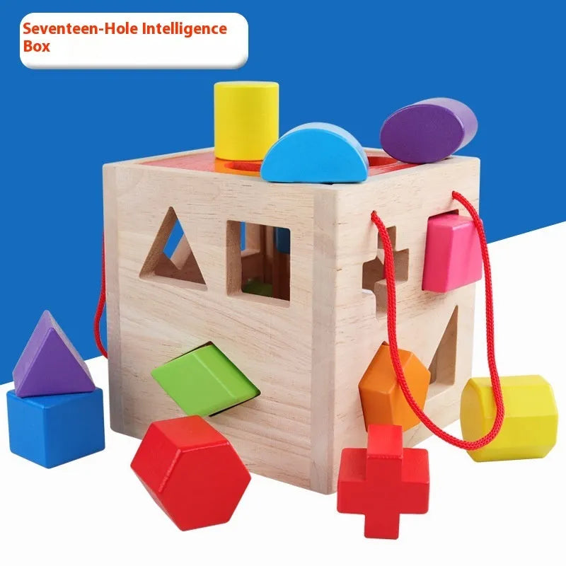 Wooden geometric shape matching baby building blocks with multiple hole intelligence boxes for infants 0-3 years