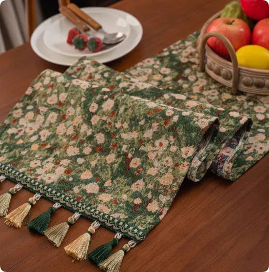European country style table runner with handwoven tassels in cotton-polyester blend fabric