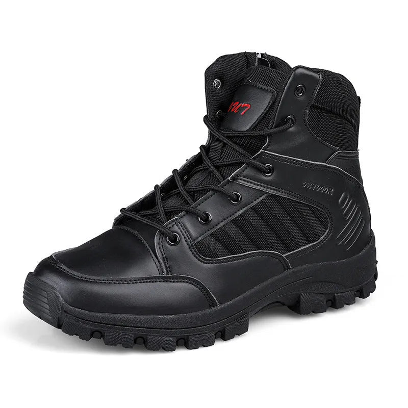 Men's black high-top hiking shoes with metal details and artificial PU upper, side view.