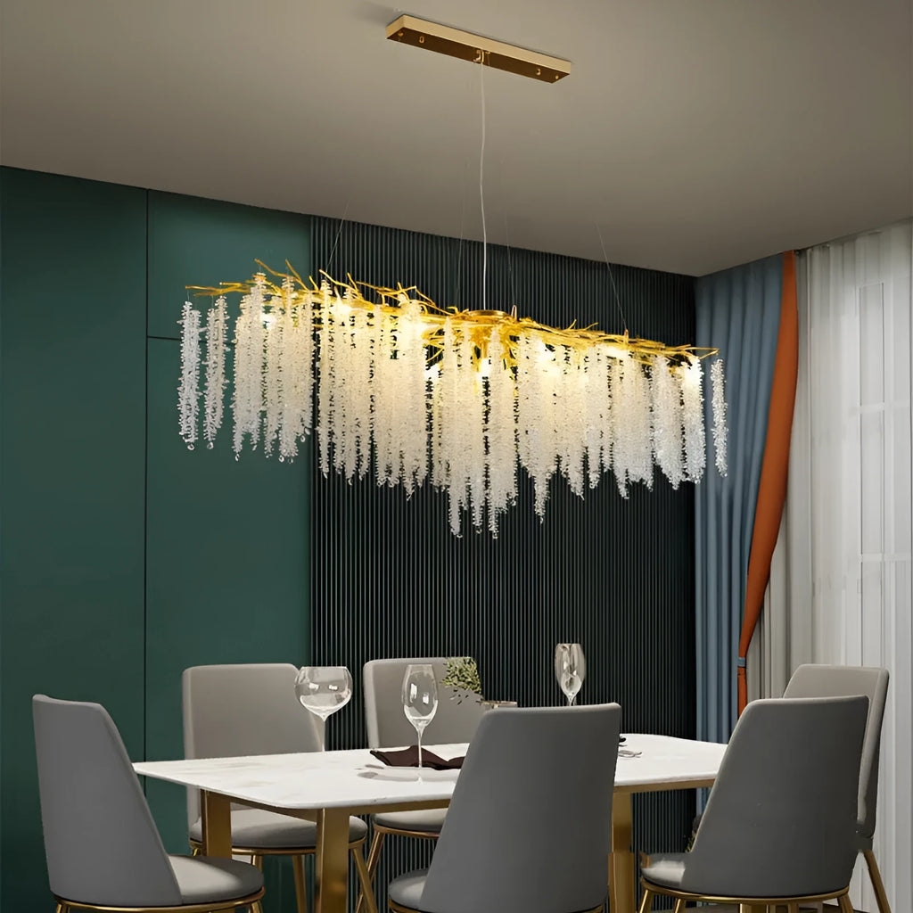 Modern crystal LED chandelier with adjustable height in a light luxury style.