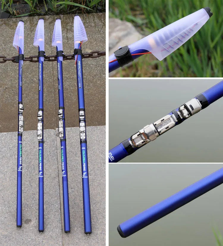 Blue carbon telescopic rock fishing rod extended showing full length against a neutral background