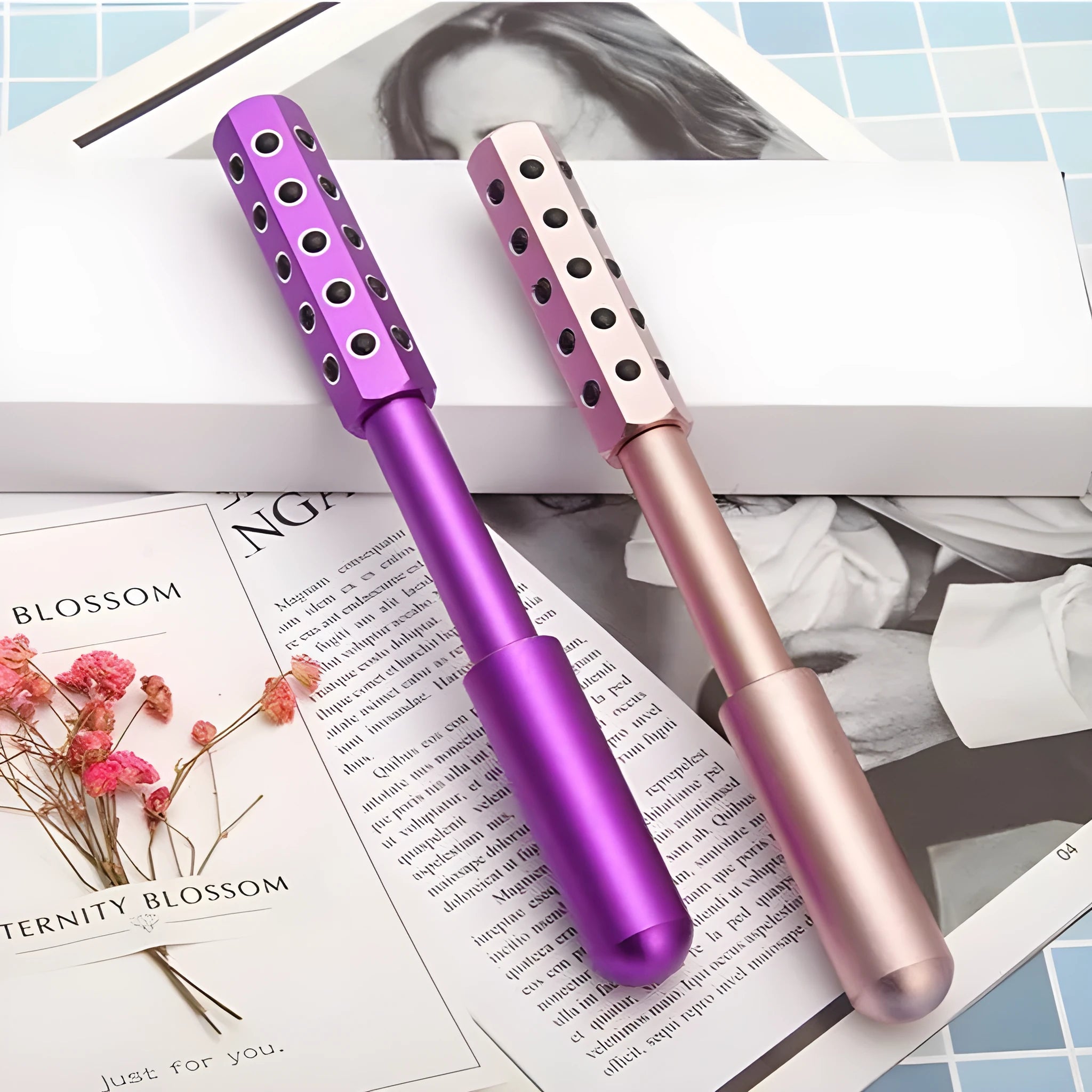 Germanium particles roller beauty massage instrument in purple colour, 193mm handheld facial massage device