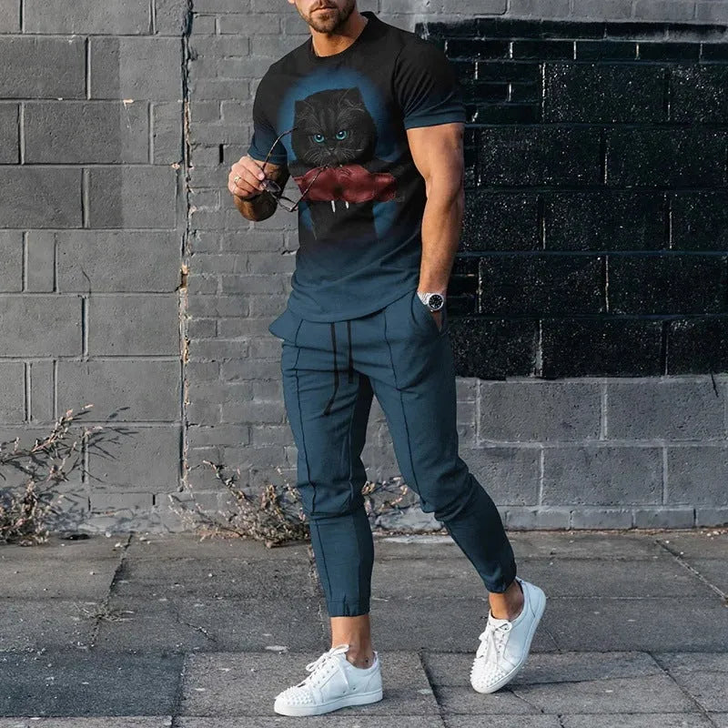 Men's short sleeve round neck T-shirt and matching trousers set in a light grey colour.