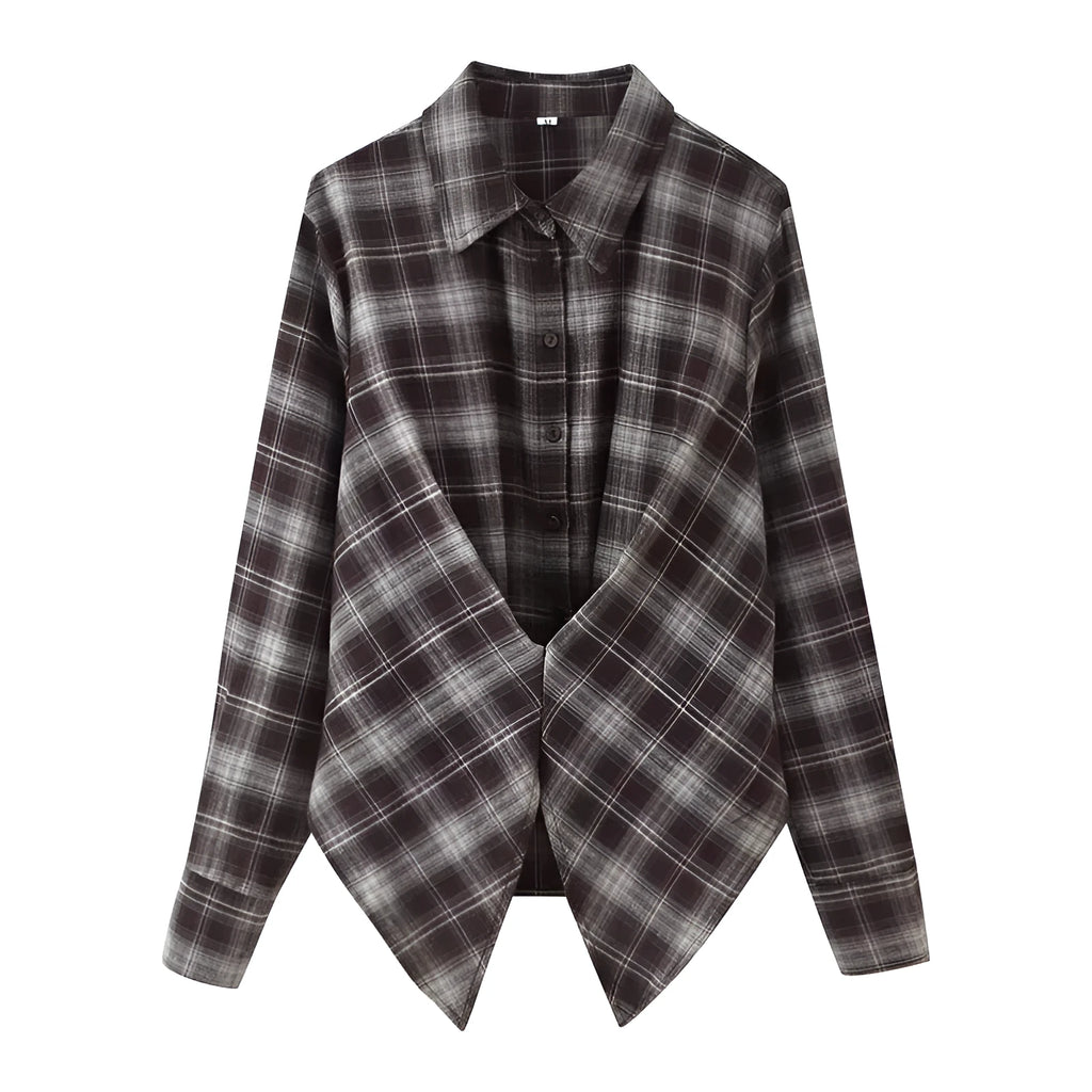 Women's loose-fit plaid shirt with long sleeves, button placket, and plant-and-flower print on a blue-green plaid base