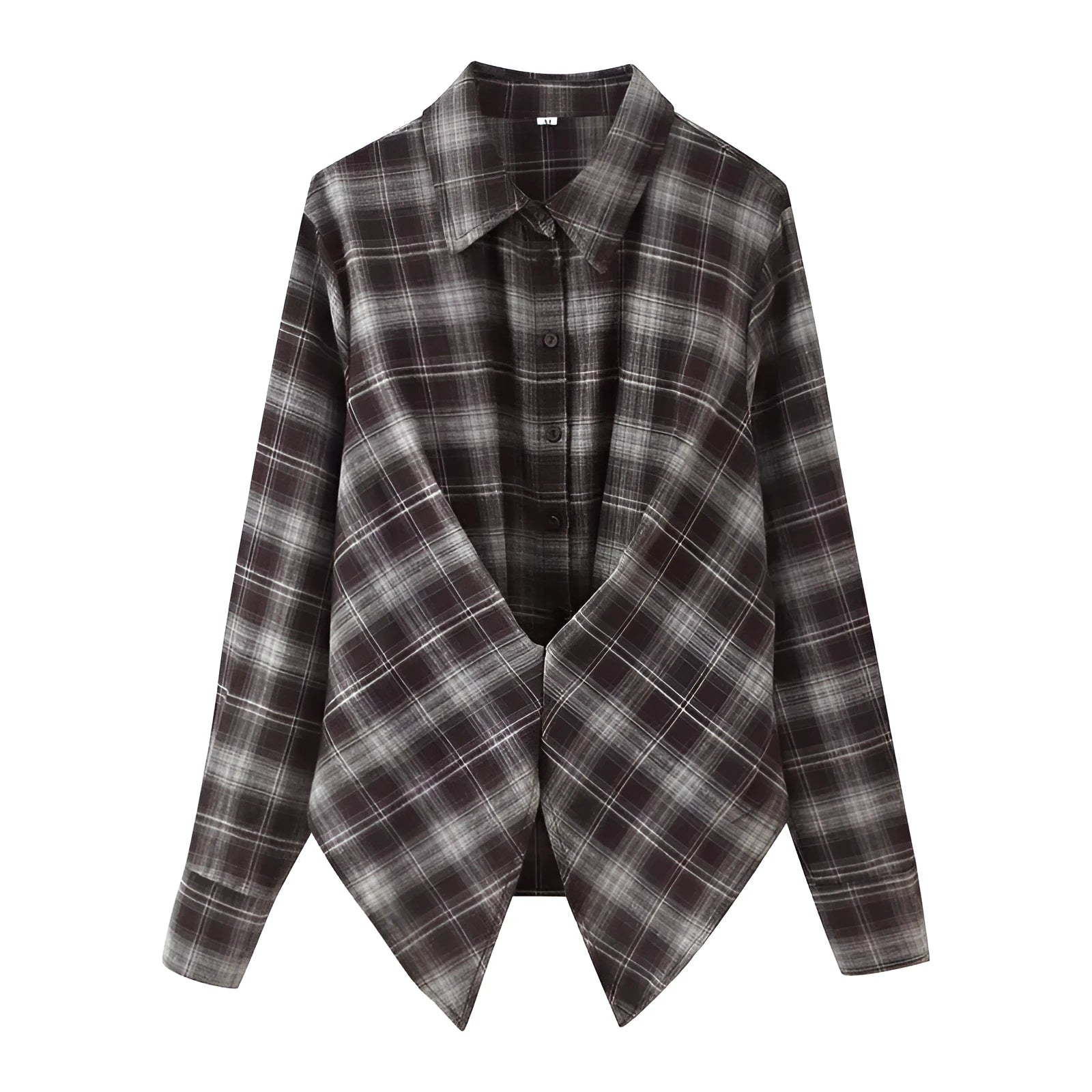 Women's loose-fit plaid shirt with long sleeves, button placket, and plant-and-flower print on a blue-green plaid base