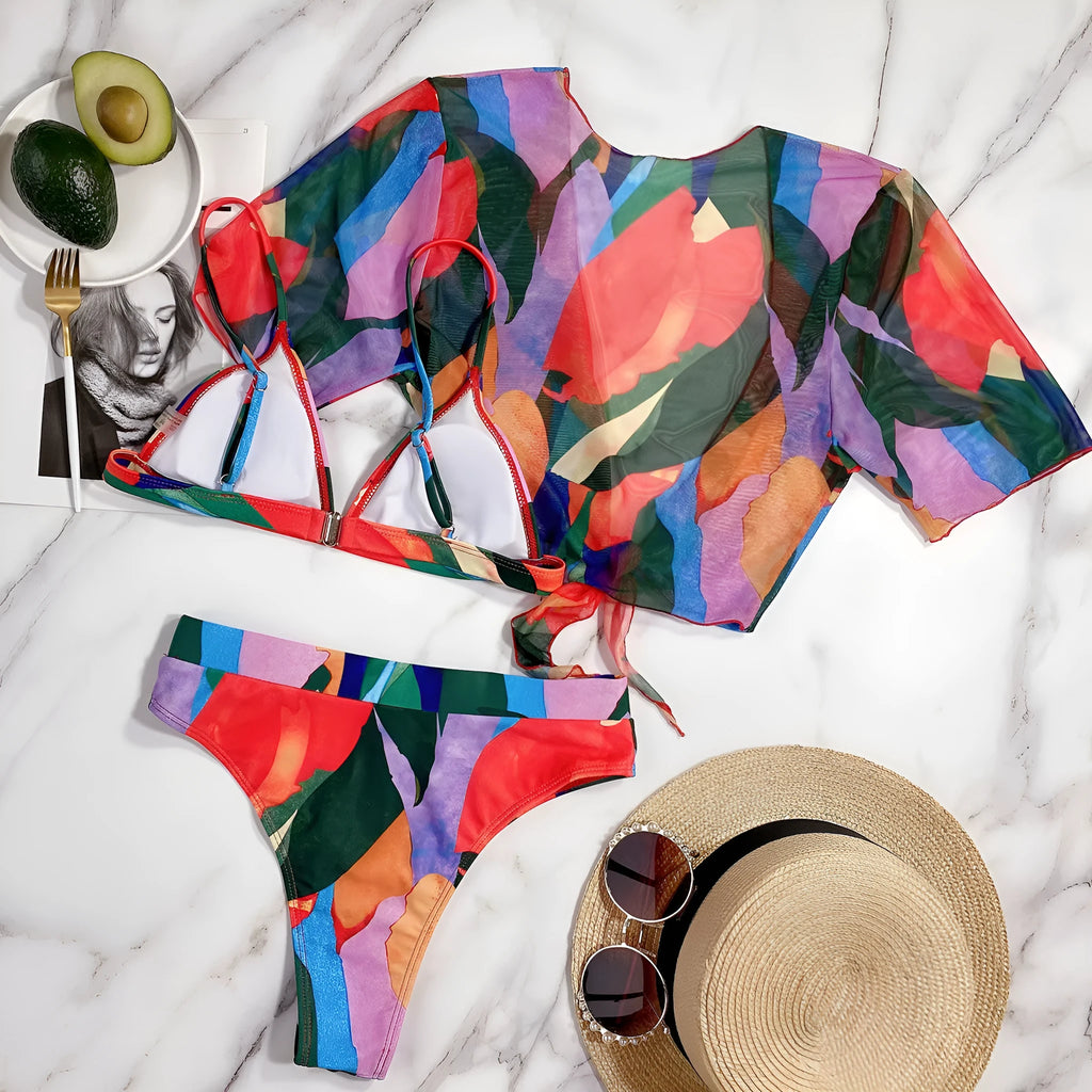Red printed women's split swimsuit with nylon fabric for swimming and surfing