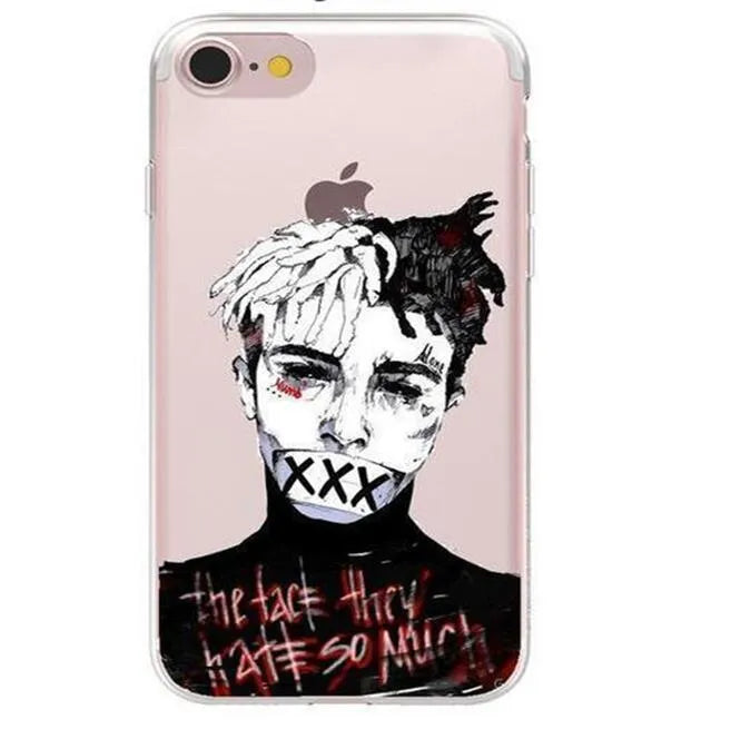 Transparent matte iPhone case with XXXTentacion artwork, shown on an iPhone model