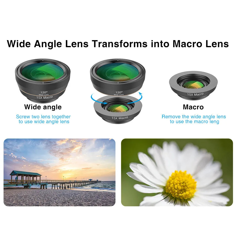 6 in 1 mobile phone lens kit showing fisheye, wide angle, macro, telephoto, CPL and star filter lenses with universal clip