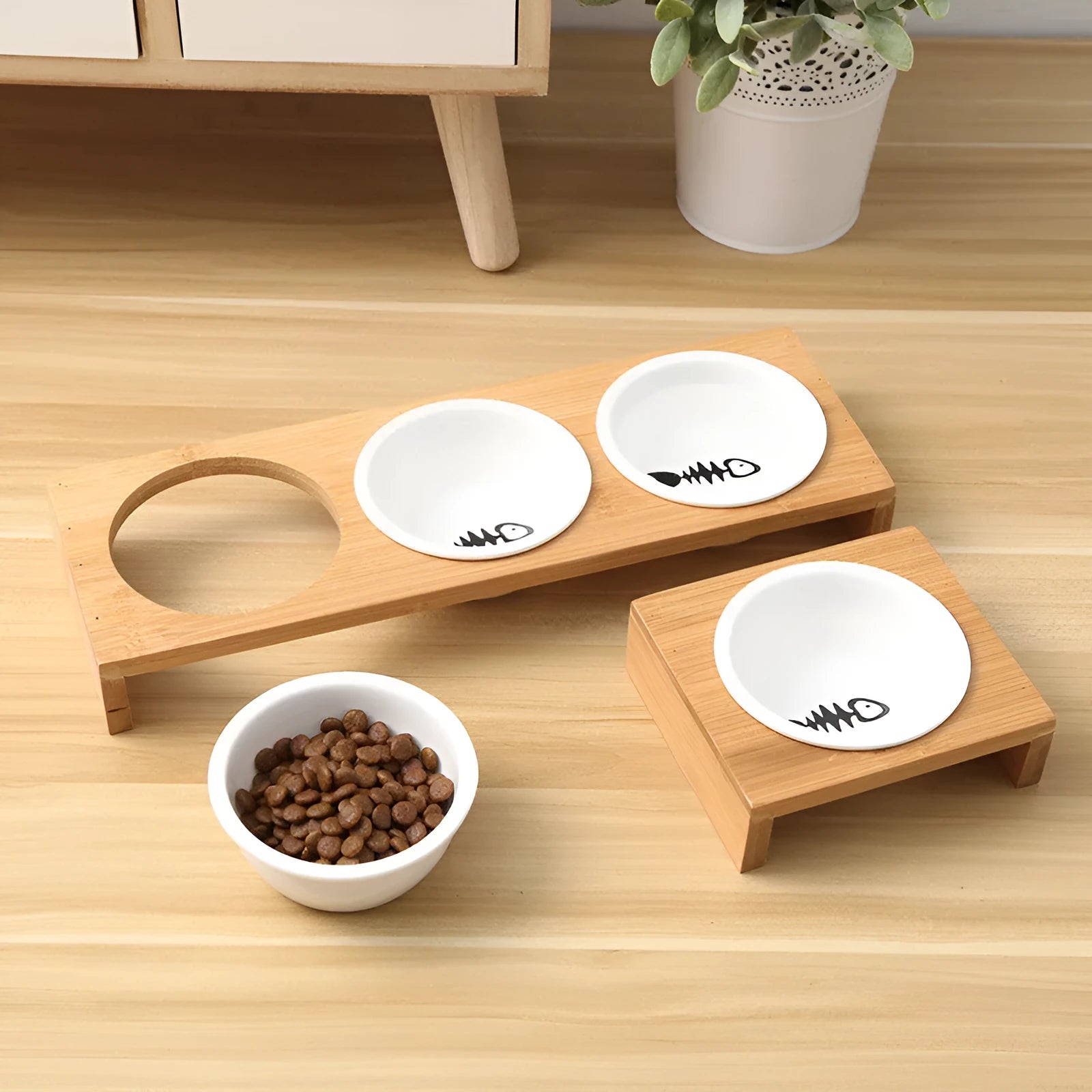 Bamboo frame cat dog feeder bowls with ceramic bowls in single double and triple configurations
