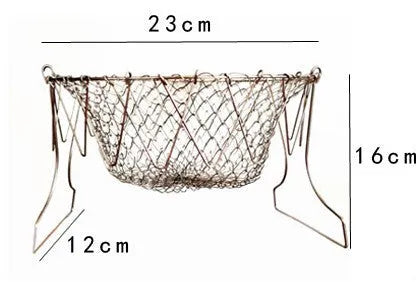 Foldable stainless steel deep fry basket with grid pattern, shown with handle.
