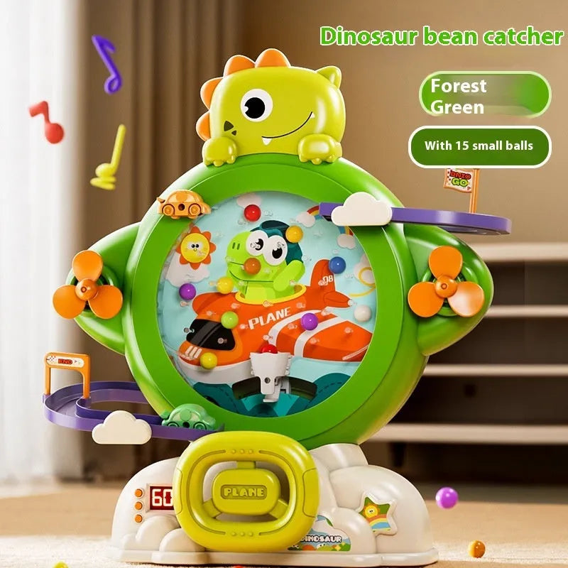 Children's dinosaur bean machine toy with 15 beads and 2 cars in green plastic for indoor play