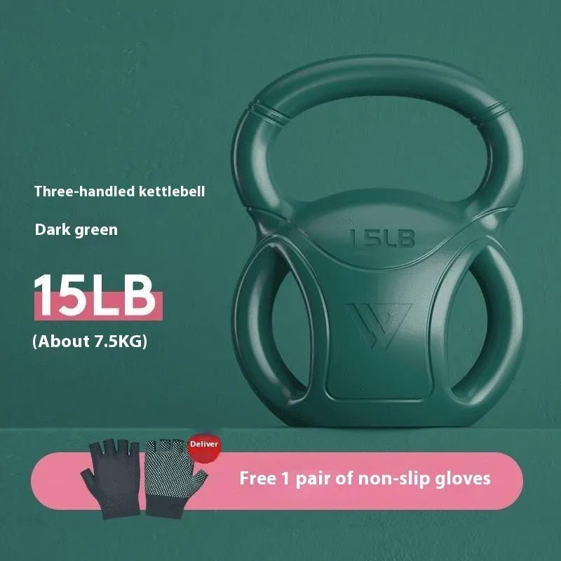 Colourful kettlebells in pink, lavender, and dark green with different weight options for home fitness