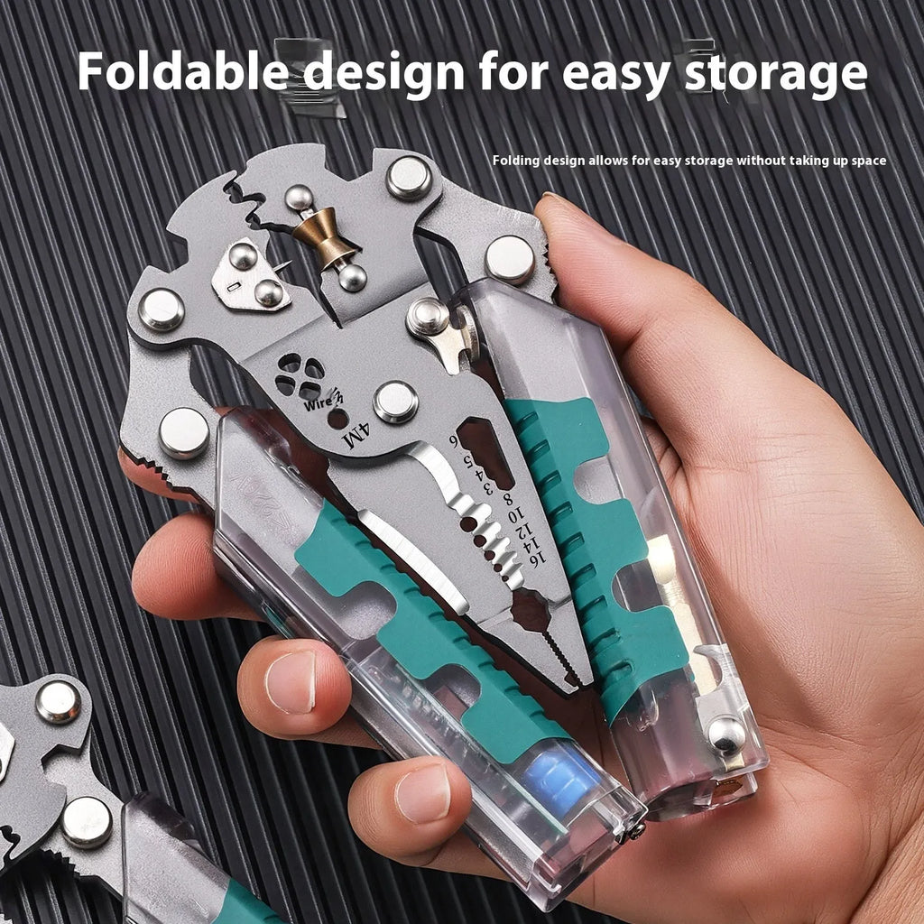 Multi-functional electrician's pliers and wire stripper tool with pointed head and rust-resistant cutting edges.