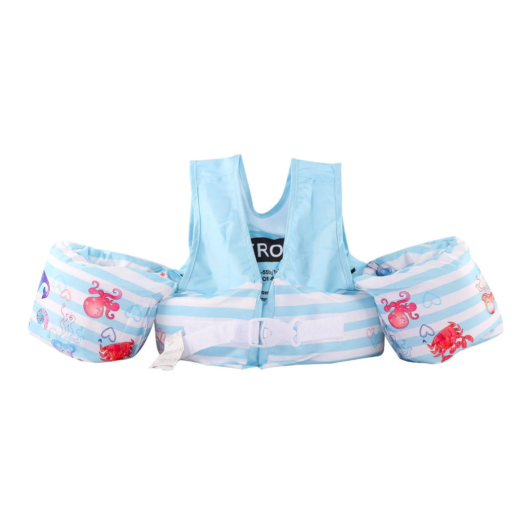 Colourful cartoon children's swimsuit with integrated arm swimming rings in a lobster design.