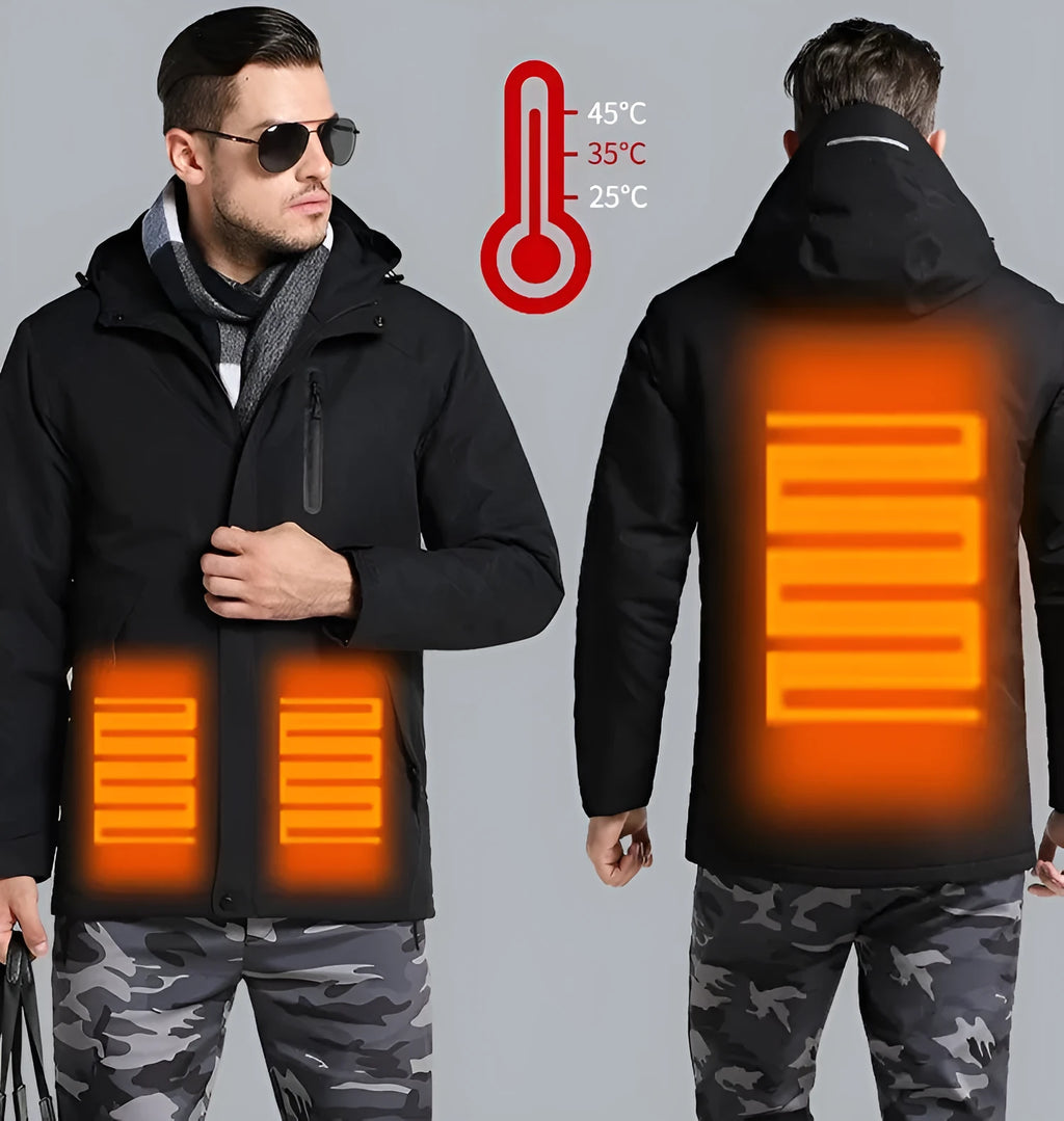 Men and women winter thick USB heating cotton jacket in khaki with black trim, waterproof windbreaker for outdoor hiking
