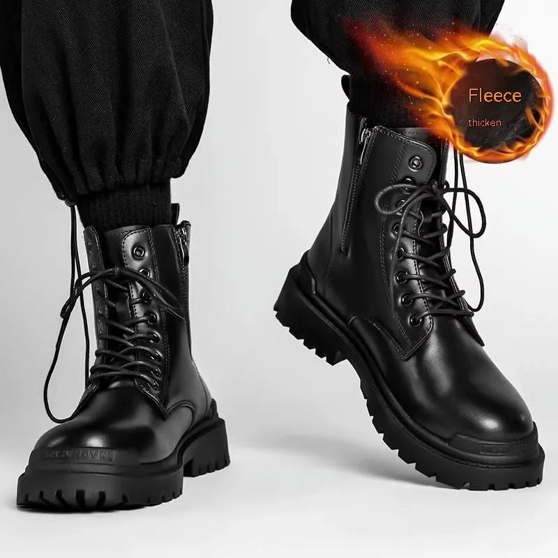 Men's black mid-top British style leather boots with a flat rubber sole.