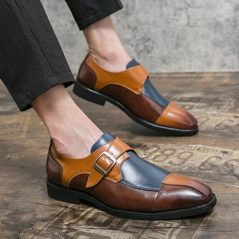 Men's brown-blue retro buckle casual leather shoes with tall crown design