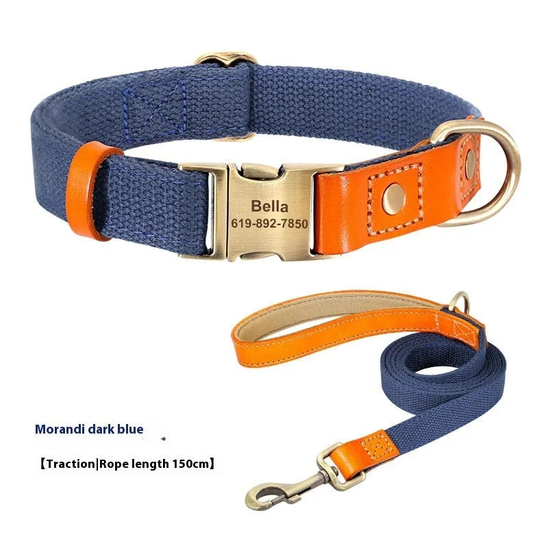 Small dog wearing handmade mohair collar with matching traction rope in green with embroidered lettering