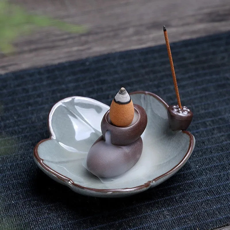 Ceramic reverse flow incense burner with purple clay construction and crystal glaze finish