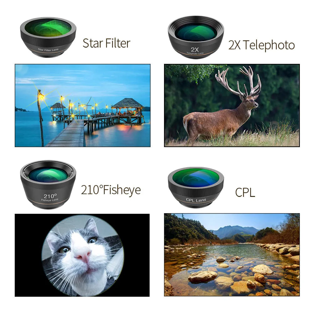 6 in 1 mobile phone lens kit showing fisheye, wide angle, macro, telephoto, CPL and star filter lenses with universal clip