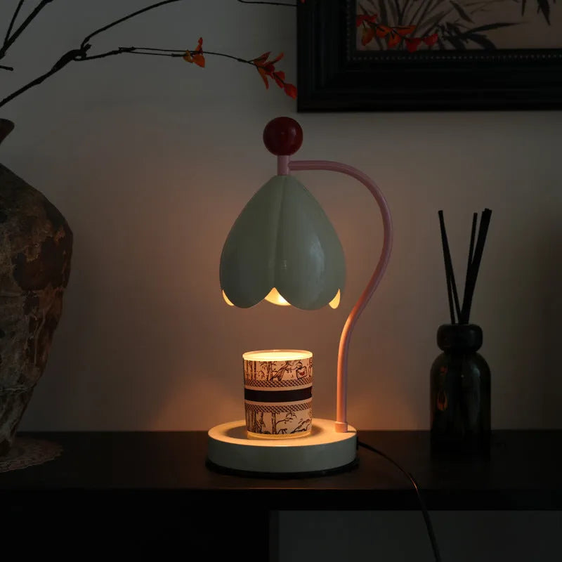 Ancient style LED melting wax lamp in cream white or dark green metal holder with simulated candle flame effect