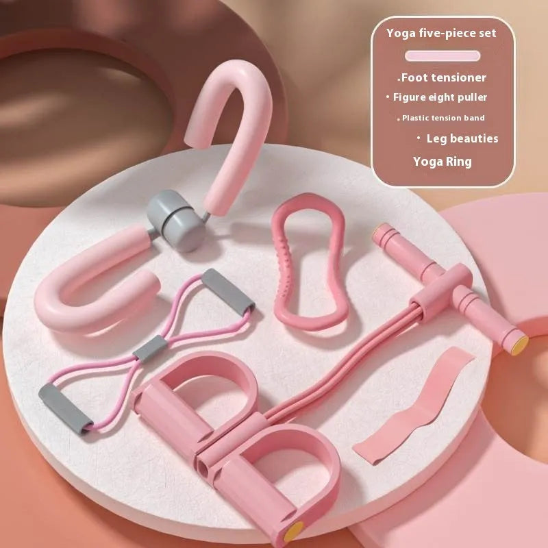 Yoga four piece fitness set showing leg stretcher, pedal puller, yoga ring, and tension rope.